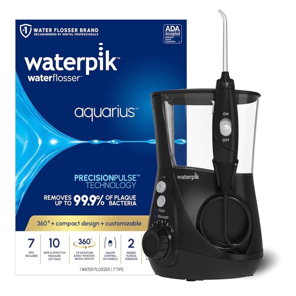 Waterpik Aquarius Countertop Water Flosser with 10 Settings, 7 Tips, Black New